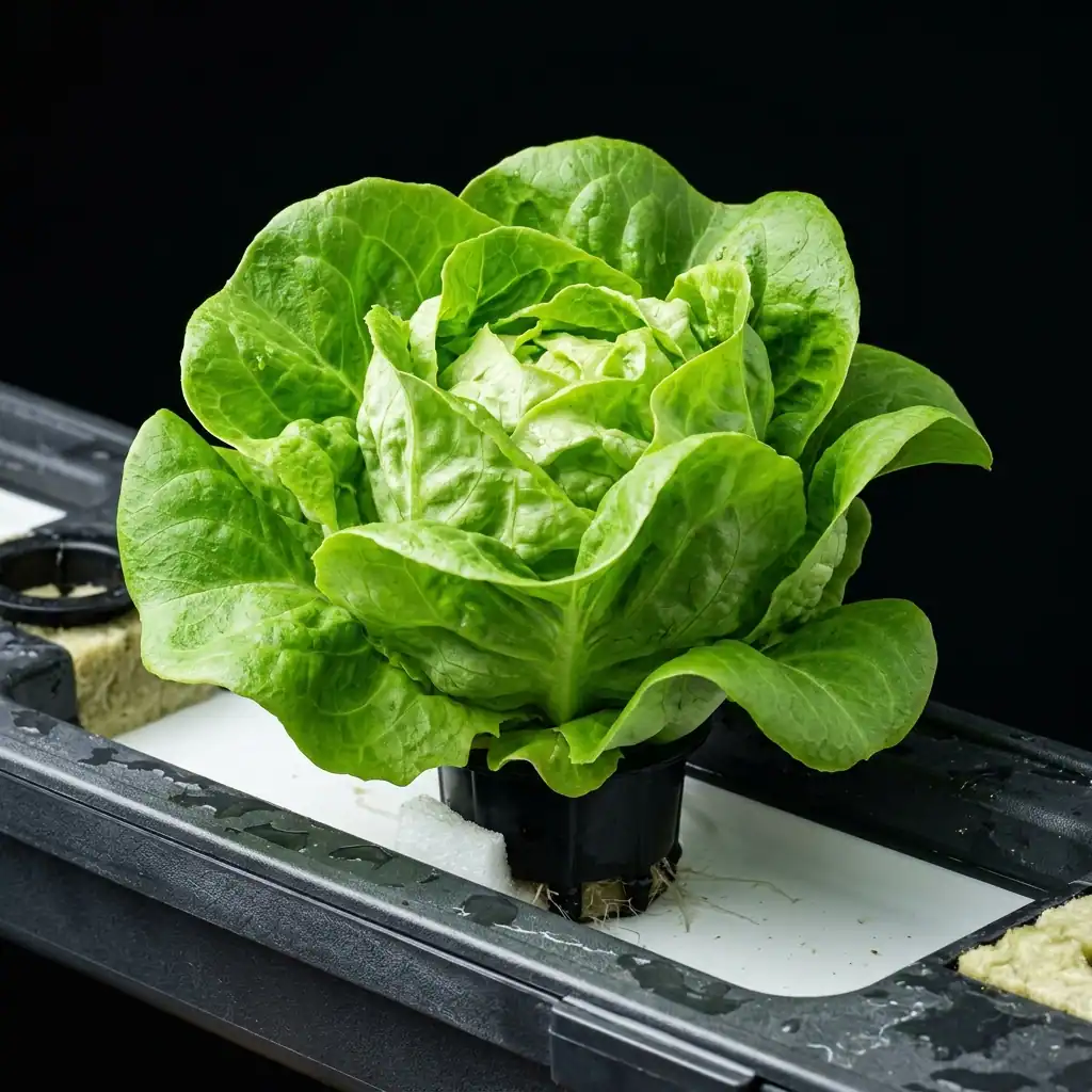 Close-up of fresh green Butterhead lettuce in a hydroponic grow rack