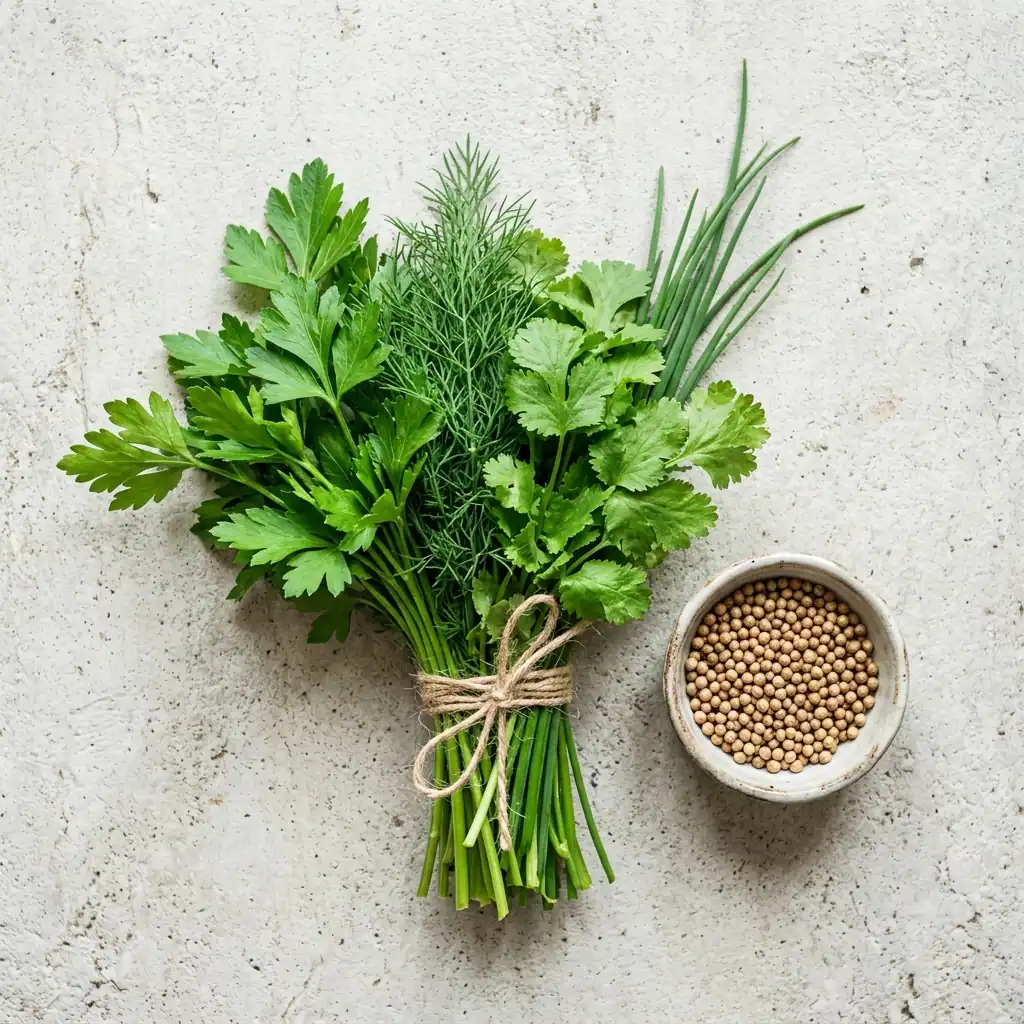 A bundle of fresh cilantro, parsley, dill, and chive next to coriander seeds